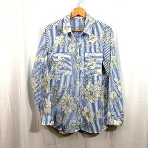 Express Blue & White Striped Floral Button Long Sleeve Dress Shirt Pockets Sz-M